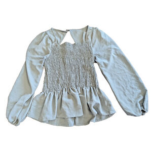 Misia Womens Stretchy muted green ruched Blouse peplum ruffle Size Medium EUC